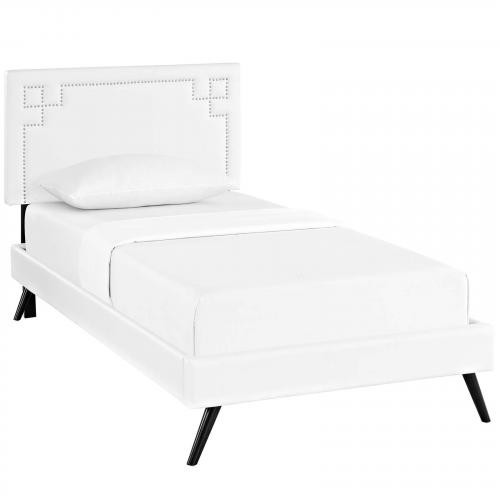 Ruthie Twin Vinyl Platform Bed with Round Splayed Legs in White