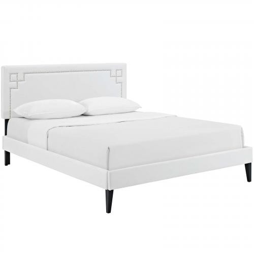 Ruthie Queen Vinyl Platform Bed with Squared Tapered Legs in White