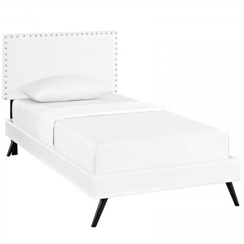 Macie Twin Vinyl Platform Bed with Round Splayed Legs in White