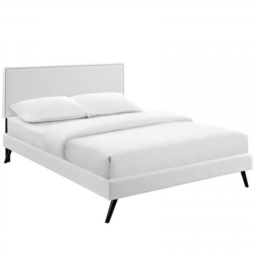 Macie King Vinyl Platform Bed with Round Splayed Legs in White