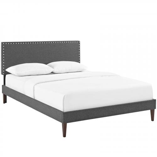 Macie King Fabric Platform Bed with Squared Tapered Legs in Gray