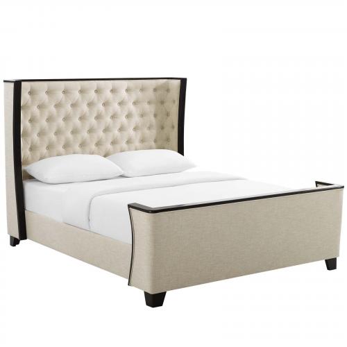 Galia Queen Upholstered Linen Fabric Platform Bed in Beige