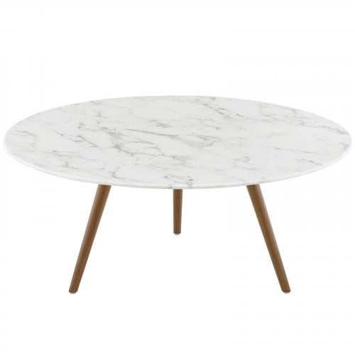 Lippa 36" Round Artificial Marble Coffee Table with Tripod Base in Walnut White