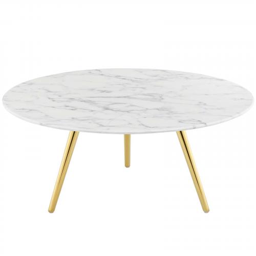 Lippa 36" Round Artificial Marble Coffee Table with Tripod Base in Gold White