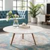 Lippa 40" Round Artificial Marble Coffee Table with Tripod Base in Walnut White